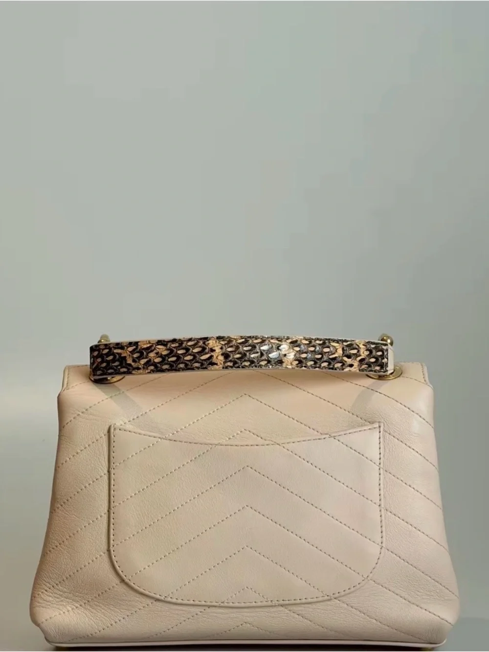 CHANEL Beige Chevron Quilted Top-Handle Satchel with Gold Hardware